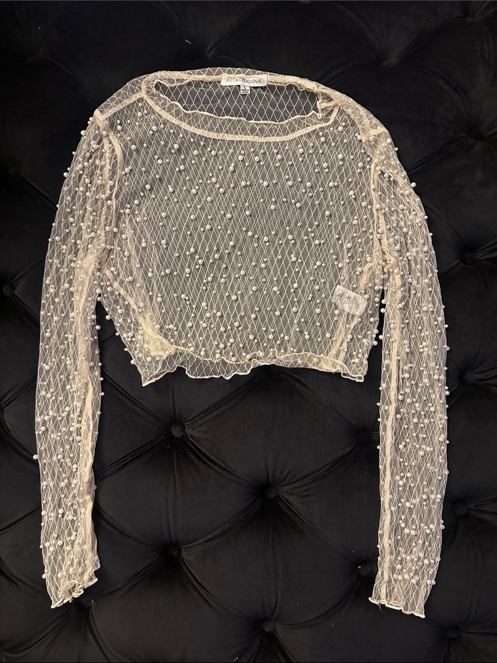 Lace Pearl-Embellished Long Sleeve Crop Top - Cream